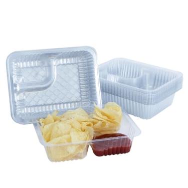 Imagem de Arcccky 200 bandejas de nacho de plástico descartáveis de 340 g, recipientes transparentes de nacho de 15 x 12,7 cm, 2 bandejas de comida com molho de queijo para lanche e molho, suporte de concessão
