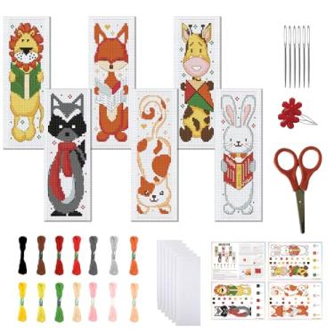 Imagem de FREEBLOSS Conjunto de 6 conjuntos de marcadores de página de ponto cruz, kit de bordado para iniciantes, desenhos animados, animais, conjunto de bordado com instruções para adultos 20 x 6 cm