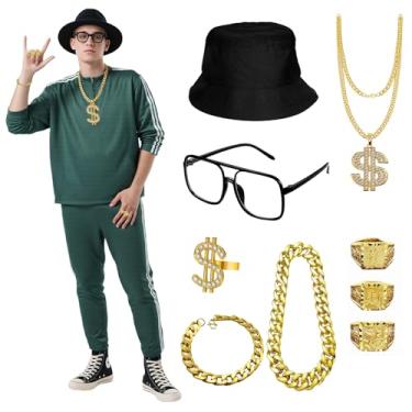 Imagem de Conjunto de 2 peças de agasalho masculino com zíper completo, conjunto de acessórios para corrida, hip hop, rapper rocker dos anos 80