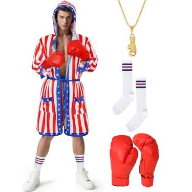Imagem de SOOFILM Fantasia masculina de boxe com bandeira americana, 6 peças, roupão de boxe, shorts, cinto, meias, colar e luvas de boxe (2GG)