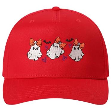 Imagem de MIRMARU Boné de caminhoneiro bordado de Halloween com 5 painéis, dois tons, ajustável, boné de beisebol para homens e mulheres, Três fantasmas fofos de Halloween, vermelho, tamanho �nico