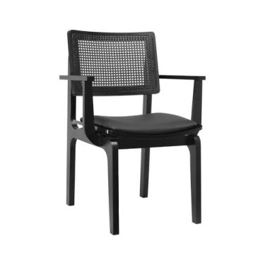 Imagem de Cadeira Gus Com Braço Madeira Maciça Encosto Telinha - Preto - Assento Estofado Corano Preto