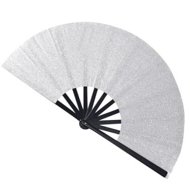 Imagem de JXXHXJG Grande ventilador dobrável de glíter, botas no chão ventilador de mão brilhante ventilador de clack para dança de linha ventilador portátil para roupas rave acessórios festival decoração de