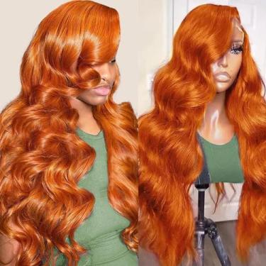 Imagem de Peruca LKJY Ginger Orange 76 cm Cabelo humano 13x6 de renda frontal