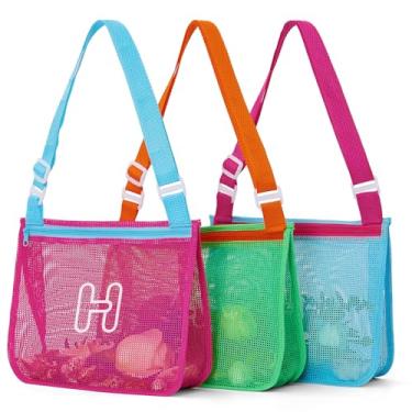 Imagem de 3 unidades de bolsas de concha impressas em alfabeto, leves e dobráveis para brinquedos de praia com alças ajustáveis, à prova d'água e portátil para piscina e praia essenciais - H