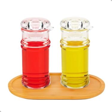 Imagem de Conjunto de Porta Azeite e Vinagre em Acrílico, 100ml, com Bandeja de Bambu