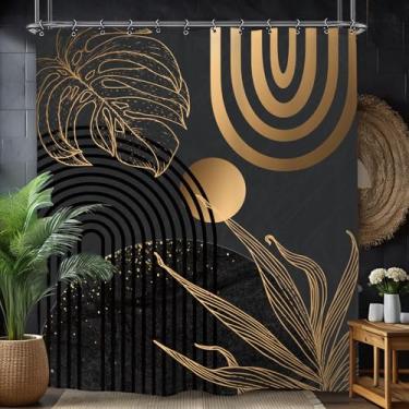 Imagem de Yookeb Cortina de chuveiro minimalista de ouro preto abstrato 152 W por 188 cm Estética Moderna Contemporânea Folhas Meados do Século Neutro 12 Ganchos de Plástico Impermeável Decoração