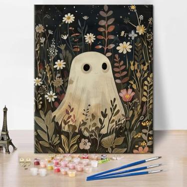 Imagem de Pintura de fantasma fofo sem moldura por números para adultos iniciantes tinta acrílica por número, fantasma fofo com flores, tela de arte de Halloween para pintura, desenho para decoração de parede