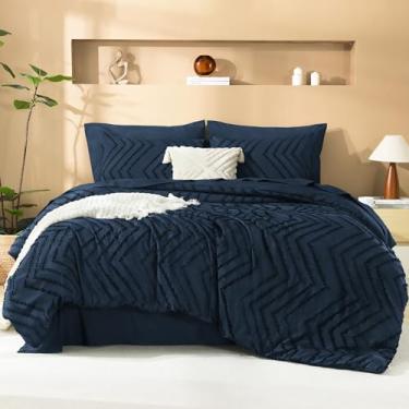 Imagem de Litanika Conjunto de edredom King Size azul marinho escuro com lençol – 7 peças, cama em um saco, King Chevron tufado, conjunto completo de cama com edredom, lençóis, fronhas e fronhas