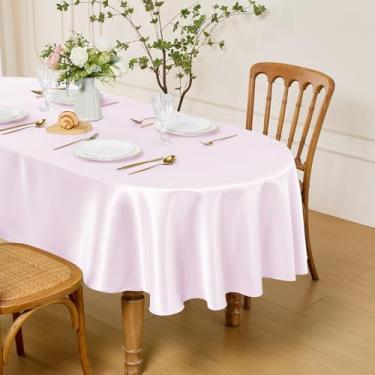 Imagem de Entisn Toalha de mesa oval de 152 x 250 cm, feita de tecido de cetim rosa, adequada para 8 a 10 lugares, resistente a rugas e design fácil de limpar, decoração de mesa para casamentos, banquetes