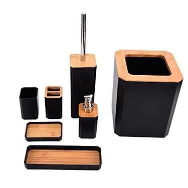 Imagem de Yctze Acessórios para Banheiros de Bambu Conjunto 7 Peças - Caixa de Sabão, Porta -Escova de Dentes, Escova de Vaso Sanitário, Lata de Lixo e Mais Elegantes Itens de Casa e Hotel (Preto)