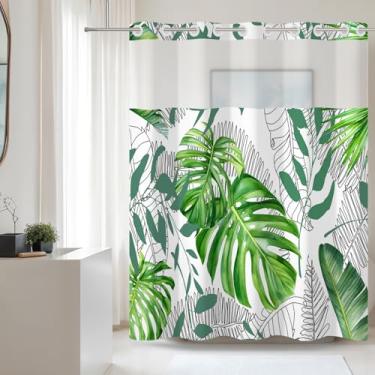 Imagem de Baocicco Cortina de chuveiro de folhas tropicais sem gancho, palmeira verde, folha monstera, botânica, acessórios de decoração de banho, estilo hotel, cortina de chuveiro com janela superior