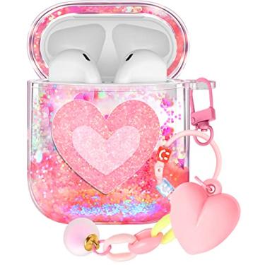 Imagem de Kokaaee Capa para Airpod 2ª e 1ª Geração Kawaii Funda Cute Aesthetic Girl Women Protector Liquid Glitter Bling Pink Heart Design Estuche Keychain Y2K Girly para Apple Air Pod 1/2 Gen