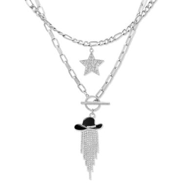 Imagem de RechicGu Conjunto de 2 peças de gargantilha de estrela de strass brilhante, pingente de bota de vaqueira ocidental, conjunto de colar empilhável para mulheres, corrente grossa, chapéu esmaltado de