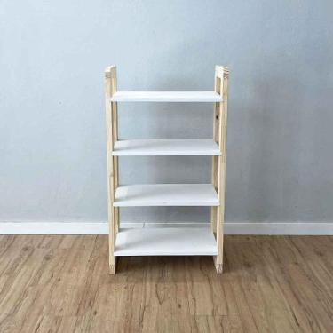 Imagem de Aparador de Madeira Pinus Linea de 4 Prateleiras Slim Branco e Natural