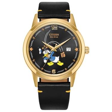Imagem de Citizen Relógio masculino Eco-Drive Disney Pato Donald, pulseira de couro preto, mostrador preto, data (modelo: AW1789-04W)