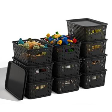 Imagem de BOBIBOSS Cestas de armazenamento de plástico preto com tampas, pacote com 10, recipientes empilháveis para organização de prateleiras, lindas caixas de armazenamento decorativas para sala de aula