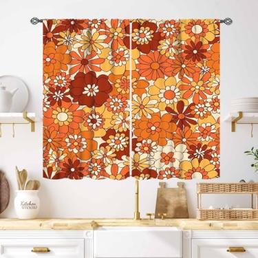 Imagem de Cortinas florais retrô, laranja dos anos 70, descoladas, hippie, fofas, boêmias, vintage, para quarto, sala de estar, cozinha, jardim natural, tratamentos de janela botânica, conjunto de 2 peças, 139