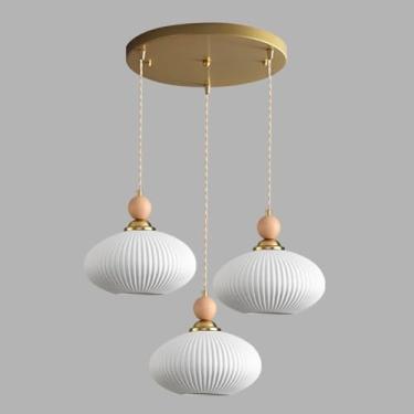 Imagem de Lustre nórdico vintage com 3 luzes, luminária pendente estilo fazenda, abajur de cerâmica, altura ajustável, luz suspensa para ilha de cozinha, sala de estar, quarto, cabeceira, sala de jant