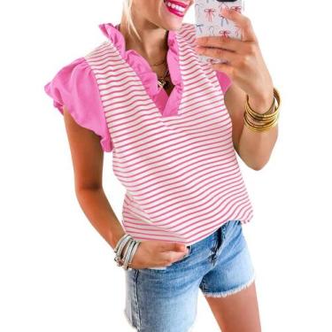 Imagem de Camiseta feminina Tankaneo com babados e manga curta listrada rosa