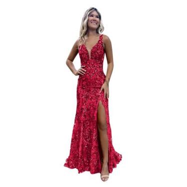 Imagem de Vestido de formatura CDSSL com decote em V, lantejoulas, sereia, vinho