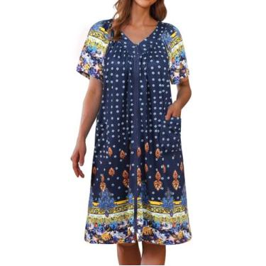 Imagem de House Robe Ekouaer com zíper e manga curta azul Mandala S feminina