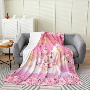 Imagem de Erosebridal Cobertor de flanela de princesa, rosa, castelo de princesa, felpudo, fofo, sonhador, dourado, fadas, cobertor de lã para crianças, meninos, meninas, decoração romântica de nuvens de flores