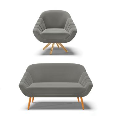 Imagem de Kit 01 Namoradeira 02 Lugares e 01 Poltrona Giratória Giovana Suede Grafite Base Madeira MA30 - D'Rossi