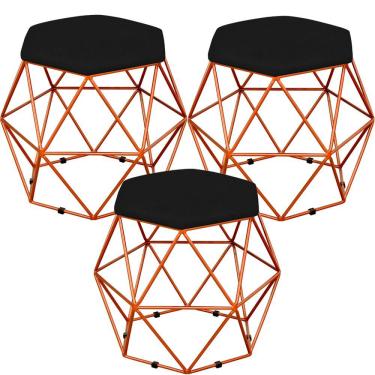Imagem de Kit 03 Puffs Decorativo Aramado Bronze Six L02 Suede Preto - Lyam Decor
