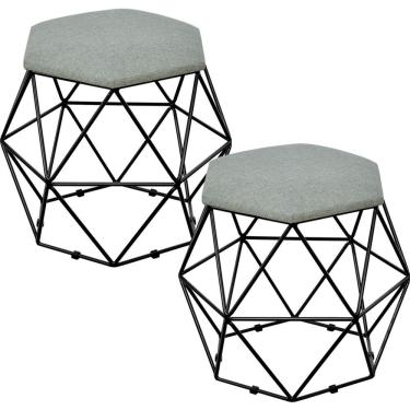 Imagem de Kit 02 Puffs Decorativo Aramado Preto Six L02 Linho Cinza Escuro - Lyam Decor