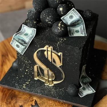 Imagem de LZGXZF Topper de bolo de símbolo de dólar acrílico topo de bolo personalizado símbolo de dólar dourado topo de bolo joias dinheiro tema rico decorações de bolo para cassino casamento festa de