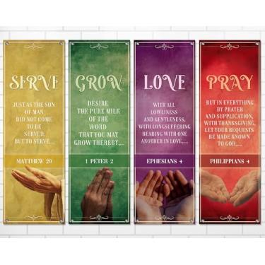 Imagem de 4 faixas de igreja para parede de santuário, banners religiosos, para servir crescer, amar, rezar, pendurar pano de fundo, padrão de mãos, placas de pendurar na igreja, escritura, versículo bíblico