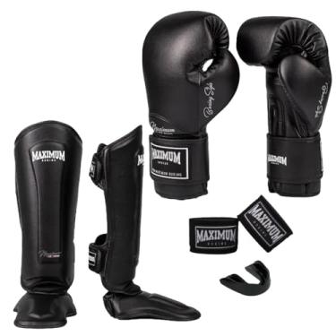 Imagem de Kit Luva de Boxe Classic Preto + Caneleira Muay Thai Preto + Bandagem 3m + Protetor Bucal - Maximum (LUVA 16oz + CANELEIRA GG)