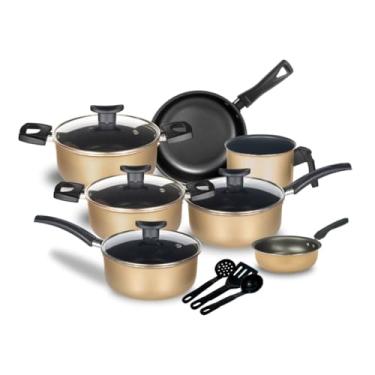 Imagem de Conjunto de 10 peças de panelas antiaderentes com tampas de vidro, com revestimento de pedra durável para uma cozinha saudável e limpeza fácil (Bege)