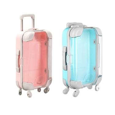 Imagem de Pacote com 2 mini malas vazias com rodas – pequena caixa de bagagem para embalagem de cílios postiços, armazenamento de doces e lembrancinhas de festa, azul + rosa