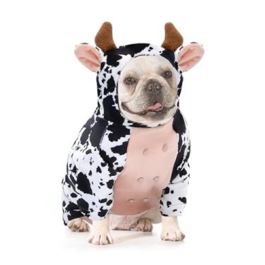 Imagem de DELIFUR Fantasia de vaca do Dia das Bruxas Frenchie – Adorável Roupa de Férias Moletom com Capuz Animal Cosplay para Bulldog Francês Padrão Elástico (2GG)