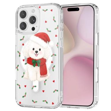 Imagem de OFQKOAKS Capa para iPhone 16 Pro Max, compatível com MagSafe, linda guirlanda de Natal festiva para filhotes, capa protetora fina e transparente para mulheres e meninas