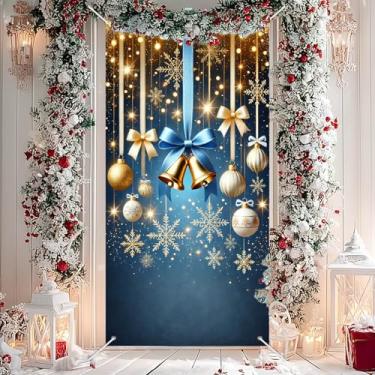 Imagem de BlissYard Capa de porta de Natal, faixa de sino, laço azul, enfeite de entrada de floco de neve, cenário festivo para pendurar na parede, decoração de varanda sazonal para ambientes internos e