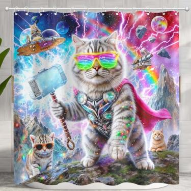 Imagem de Lunerfex Cosmic Warrior Cat Conjunto de cortina de chuveiro gato Thor com estampa de martelo impermeável cortina de chuveiro de banheiro divertida e épica decoração de casa 182 x 182 cm.