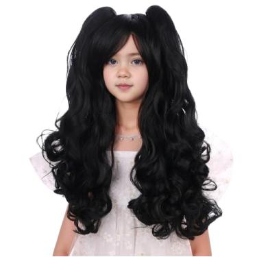 Imagem de DUDUWIG Peruca infantil de rabo de cavalo preto com franja para meninas, peruca longa ondulada e encaracolada com tranças para crianças, perucas sintéticas resistentes ao calor com touca