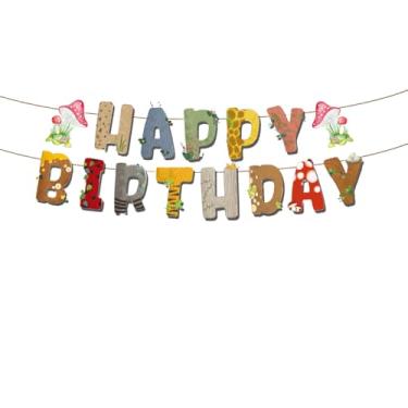 Imagem de TENNYCHAOR Banner de feliz aniversário de cogumelo, decoração de festa com tema de jardim, design de conto de fadas, suprimentos de festa para exibição de imagens.