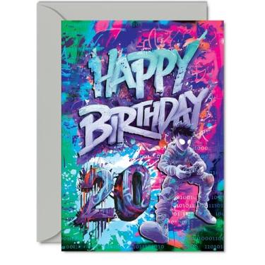 Imagem de Giftzie Cartões de aniversário de 20 anos para homens e mulheres - Epic Gamer - Cartão de feliz aniversário para homem de 20 anos mulher prima irmã tio filha, cartões comemorativos A5 aniversário