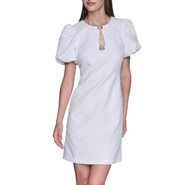 Imagem de Karl Lagerfeld Vestido feminino jacquard texturizado de manga curta com gola redonda, Branco macio, 40