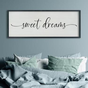Imagem de SRSZHIYUE Decoração de parede Sweet Dreams acima da cama 101.6 cm x 38.1 cm placa principal sobre a cama moldura de madeira para quarto de hóspedes (preto)