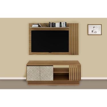 Imagem de Rack Bancada Com Painel Para Até 65 Pol Pa2914-r1480 Ripado 2 Portas 160x102cm Natural-palha - Tecno Mobili