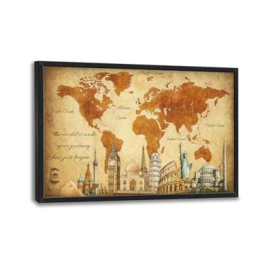 Imagem de Mapa-múndi grande arte de parede para sala de estar mapa grande decoração de parede fotos de paisagem urbana pinturas em tela náutica pintura locais de interesse decoração de arte para quarto
