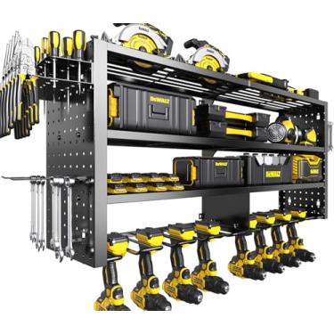 Imagem de RacKeaLsi Organizador grande de ferramentas elétricas, suporte de parede, organizador de ferramentas sem fio de armazenamento de garagem de 4 camadas com suporte de 8 brocas, carga de metal premium