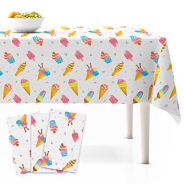 Imagem de Lknnxs Toalhas de mesa infantis com tema de sorvete, pacote com 3 capas de mesa de plástico para doces de verão, toalha de mesa retangular descartável de 137 cm x 274 cm para aniversário, decoração de