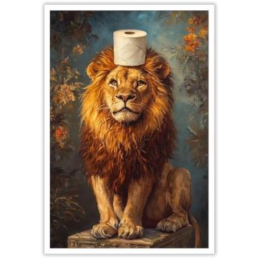 Imagem de Retrô O Leão Papel Higiênico Na Cabeça, Cartazes Engraçados Animais Tela Arte de Parede Moderna Humorística Criativa Impressões Estéticas Pintura Para Banheiro Casa Quarto Dormitório Decoração de