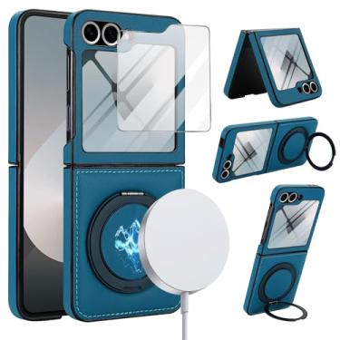 Imagem de XKchatpt Capa para Samsung Galaxy Z Flip 6, suporte giratório de 360° com protetor de tela, couro PU suporta carregamento sem fio, antichoque, capa antiqueda para Galaxy Z Flip 6 (azul)
